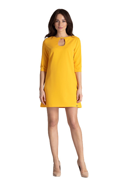 Sukienka Mini - Trapezowa Rękaw 3/4 - żółta